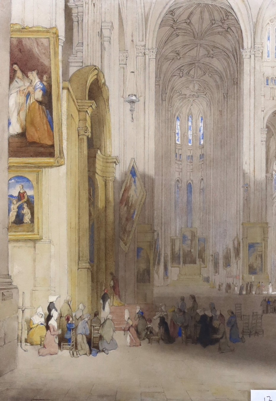 John Scarlett Davies (1804–1845), watercolour, Interior view of St Eustache, Paris, signed with initials and dated 1836, gallery label verso, 25 x 18cm